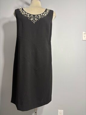 dressbarn Black Sleeveless Midi Dress with Pearl Embellished Neckline Size 14